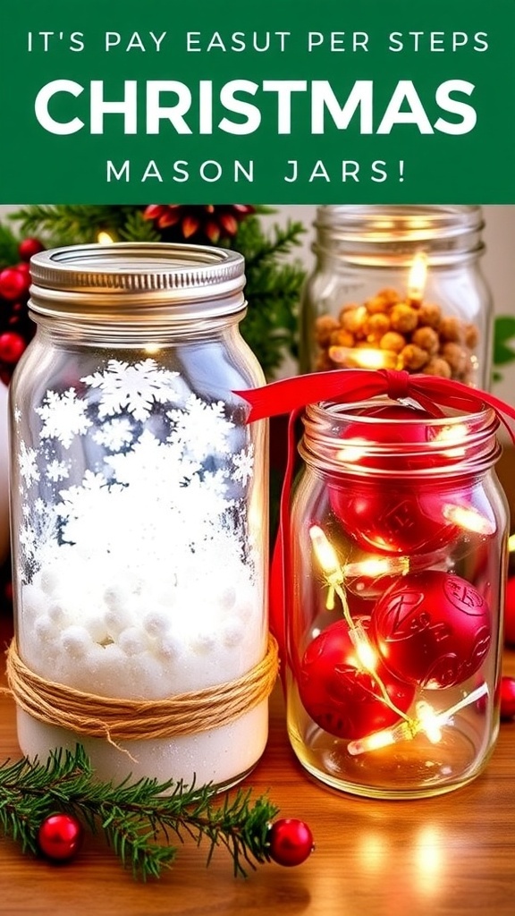 Decorated mason jars for Christmas with snow globe, LED lights, and ornaments on a festive background.